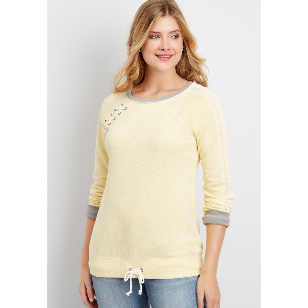 Maurices Pullover Sweatshirt Butter Yellow Lace Up Detail Size Large Casual